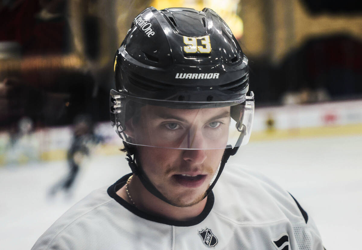 Golden Knights right wing Mitch Marner (93) participates in practice during the first day of tr ...