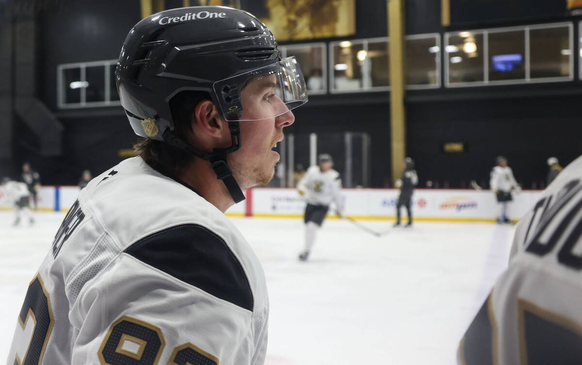 Golden Knights right wing Mitch Marner (93) participates in practice during the first day of tr ...