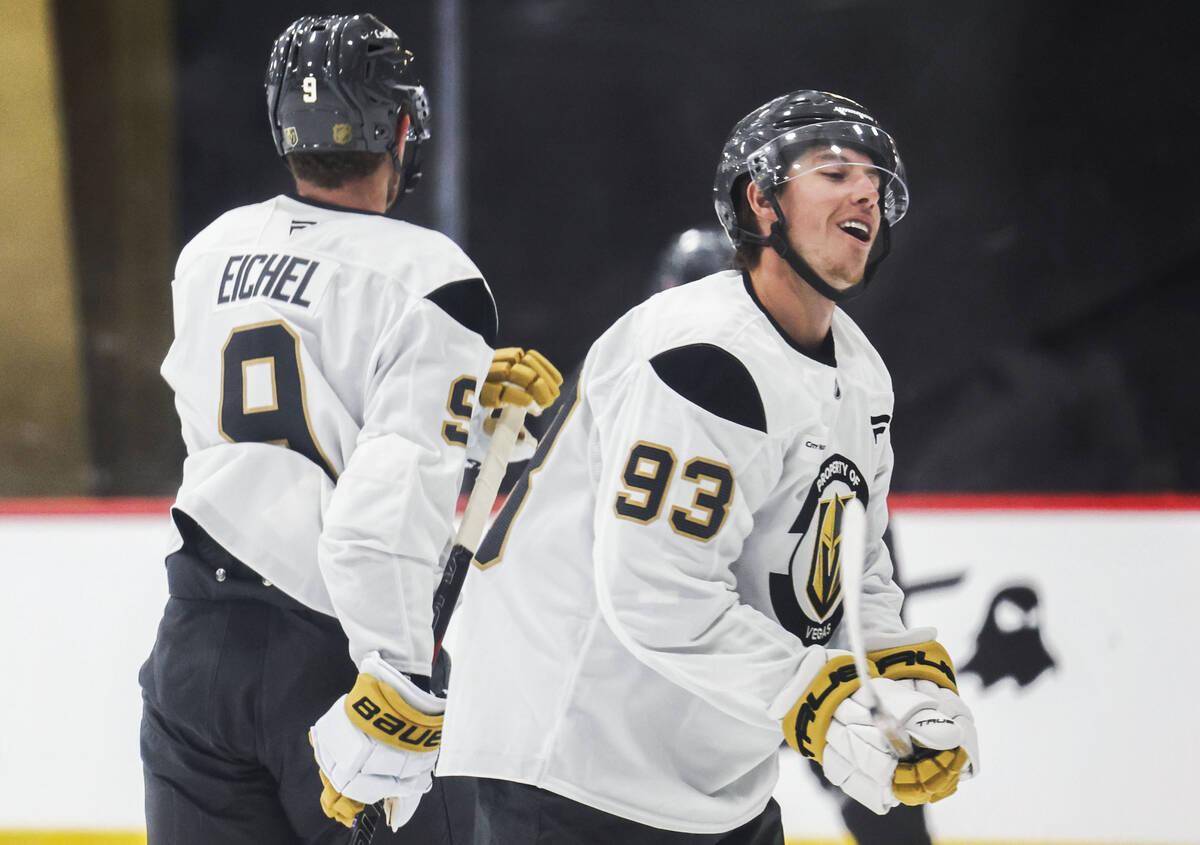 Golden Knights right wing Mitch Marner (93) and center Jack Eichel (9) participate in practice ...