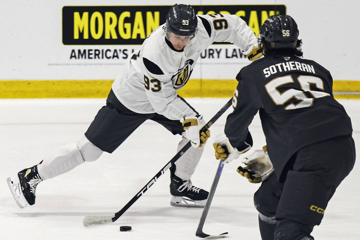 Golden Knights right wing Mitch Marner (93) skates up ice during the first day of training camp ...