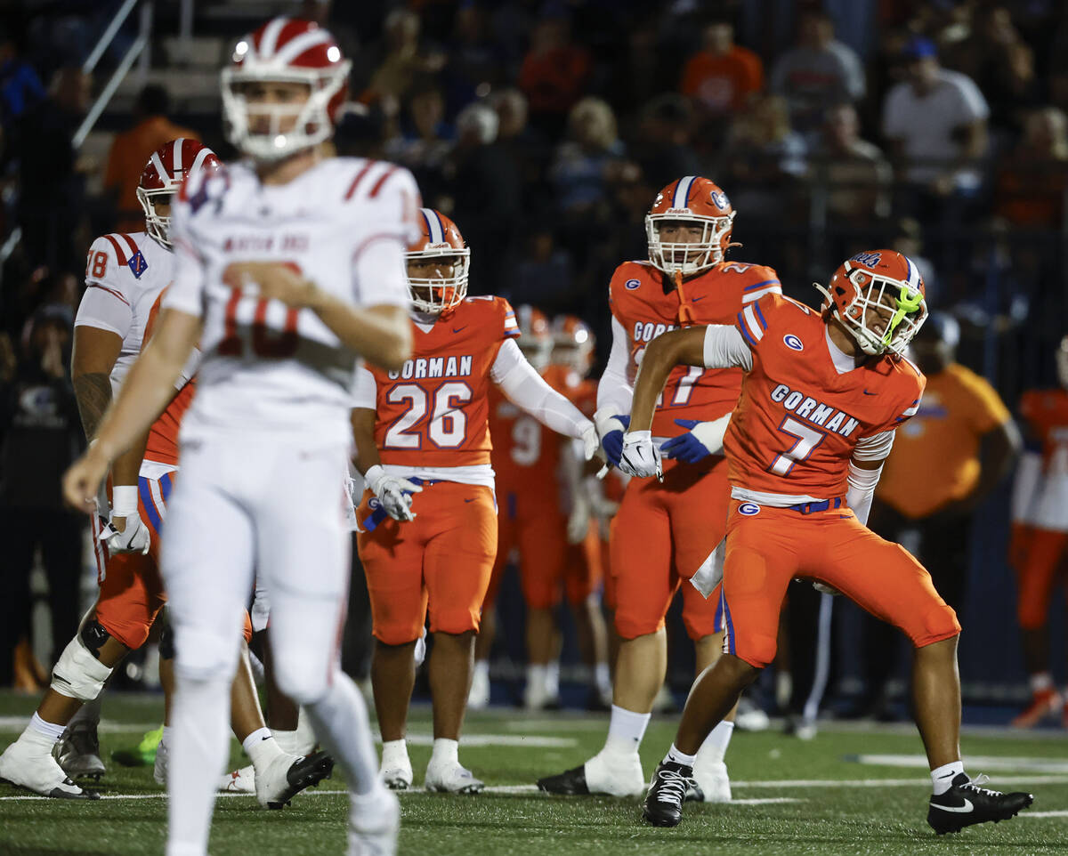 Bishop Gorman defensive back Pesi Silva (7) celebrates after making a defensive stop against Ma ...