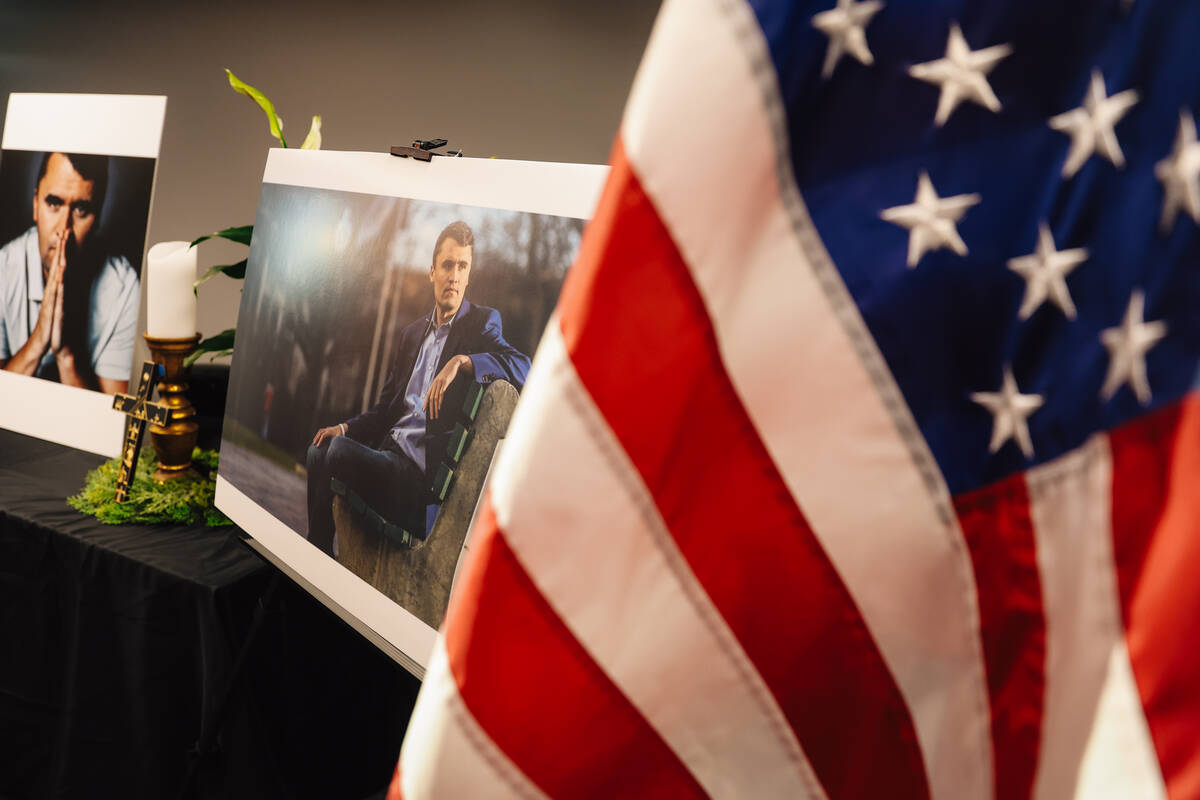 A table is set up for a vigil for conservative activist Charlie Kirk at the Nevada Republican C ...