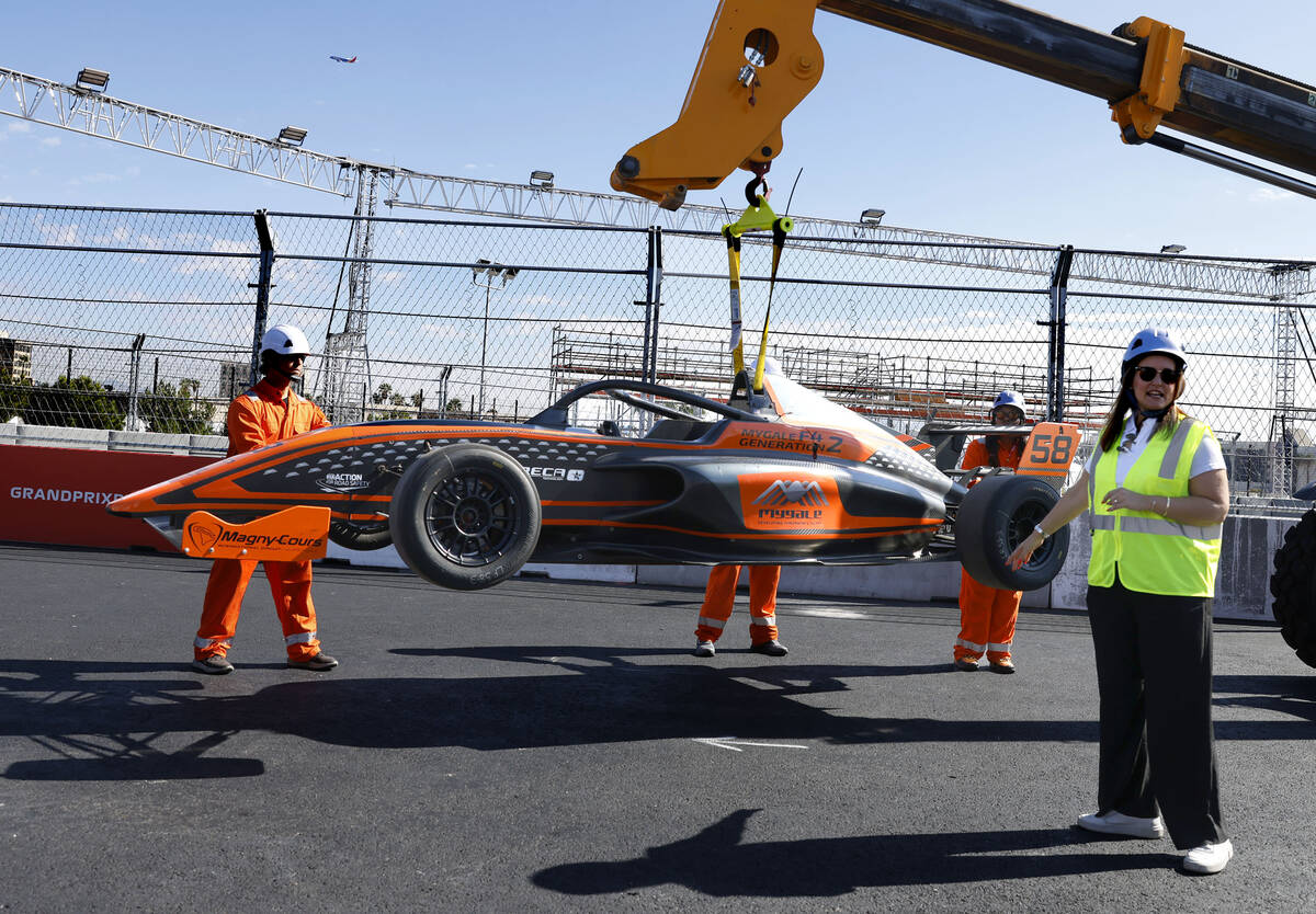 Silvia Bellot, right, VP of Sporting & Race Operations at Las Vegas Grand Prix, speaks as i ...