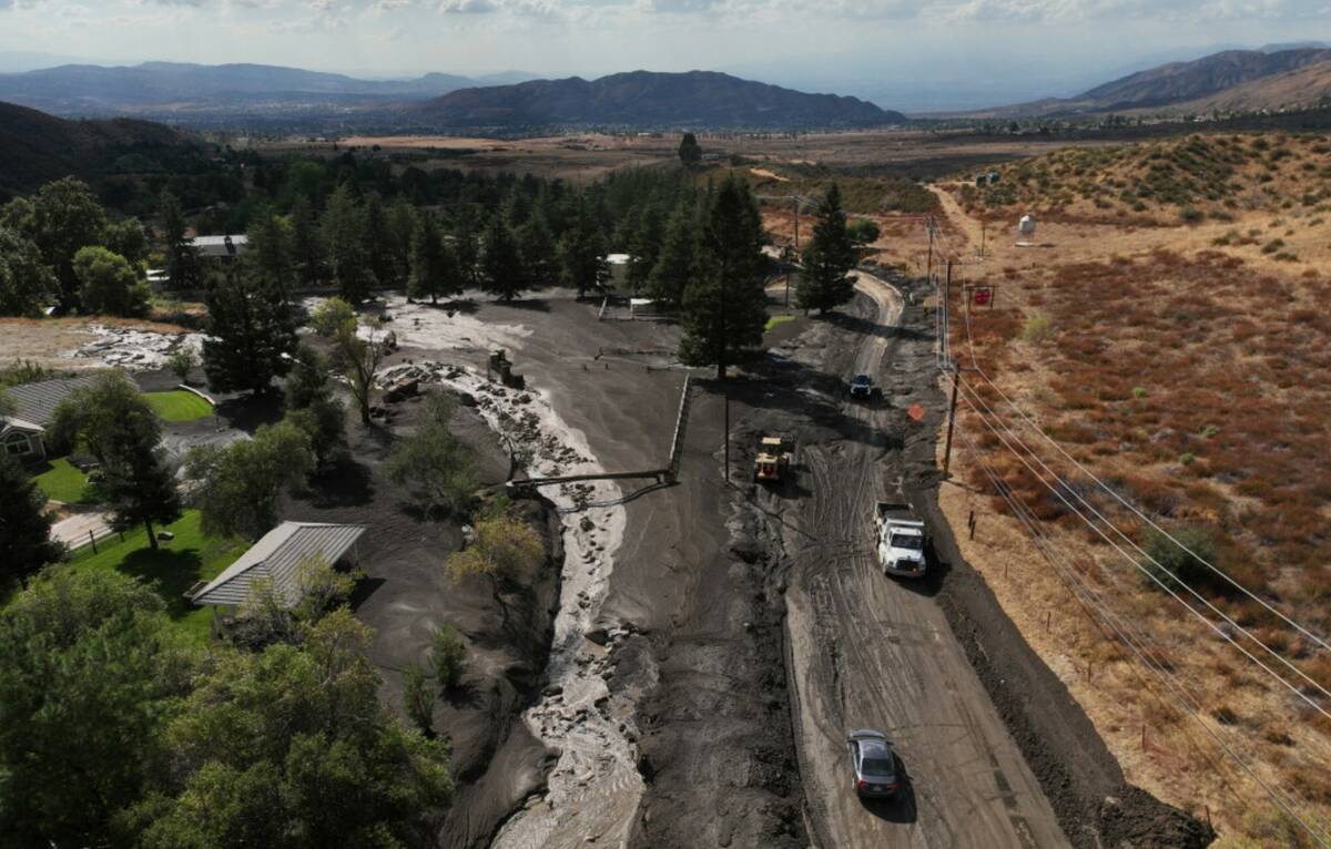 Damage is seen from mudslides after storms in Yucaipa, Calif., Friday, Sept. 19, 2025. (AP Phot ...