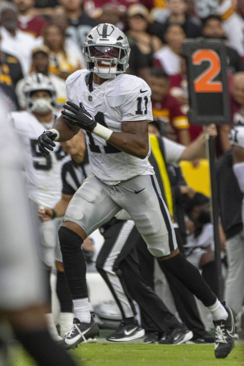 Raiders safety Jeremy Chinn (11) runs on the field during the second half of an NFL game agains ...