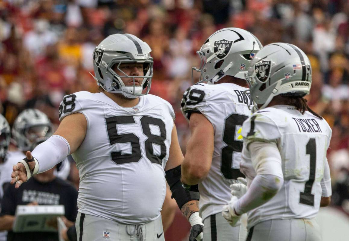 Raiders guard Jackson Powers-Johnson (58) and congratulates wide receiver Tre Tucker (1) as he ...
