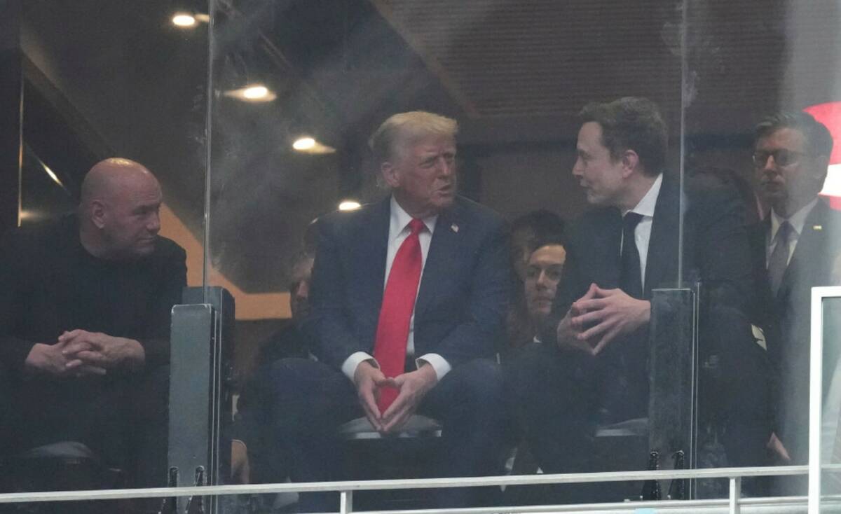 From left, Dana White, President Donald Trump, Elon Musk and House Speaker Mike Johnson, R-La., ...