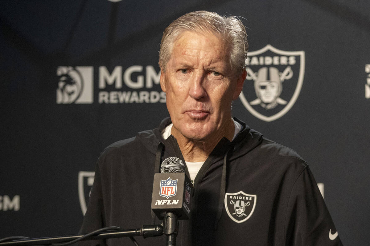 Raiders head coach Pete Carroll answers media questions during a news conference following the ...