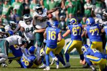 Philadelphia Eagles defensive tackle Jordan Davis (90) blocks a field goal attempt by Los Angel ...
