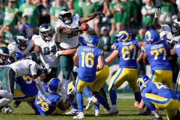 Philadelphia Eagles defensive tackle Jordan Davis (90) blocks a field goal attempt by Los Angel ...