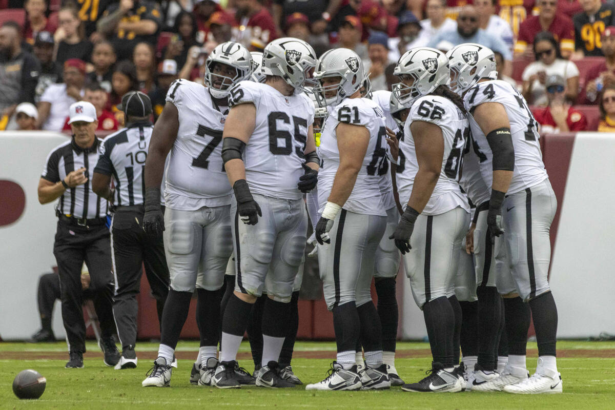 The Raiders offensive line, from left, DJ Glaze (71), Alex Cappa (65), Jordan Meredith (61), Dy ...