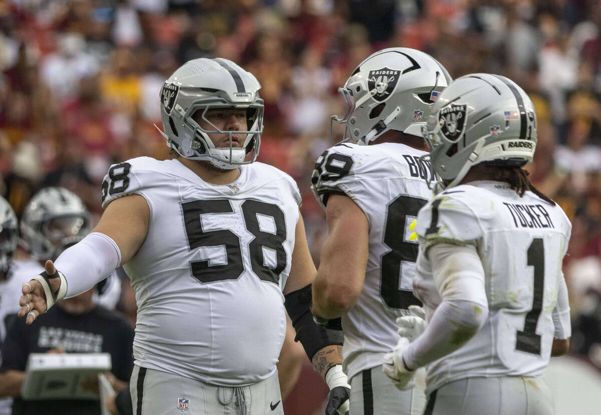 Raiders guard Jackson Powers-Johnson (58) and congratulates wide receiver Tre Tucker (1) as he ...