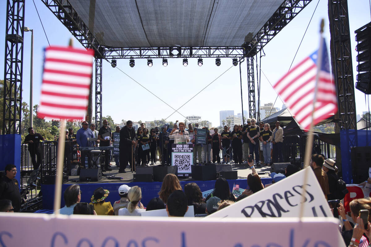 Mayor Karen Bass speaks during an immigration rally on Saturday, Sept. 20, 2025, in Los Angeles ...