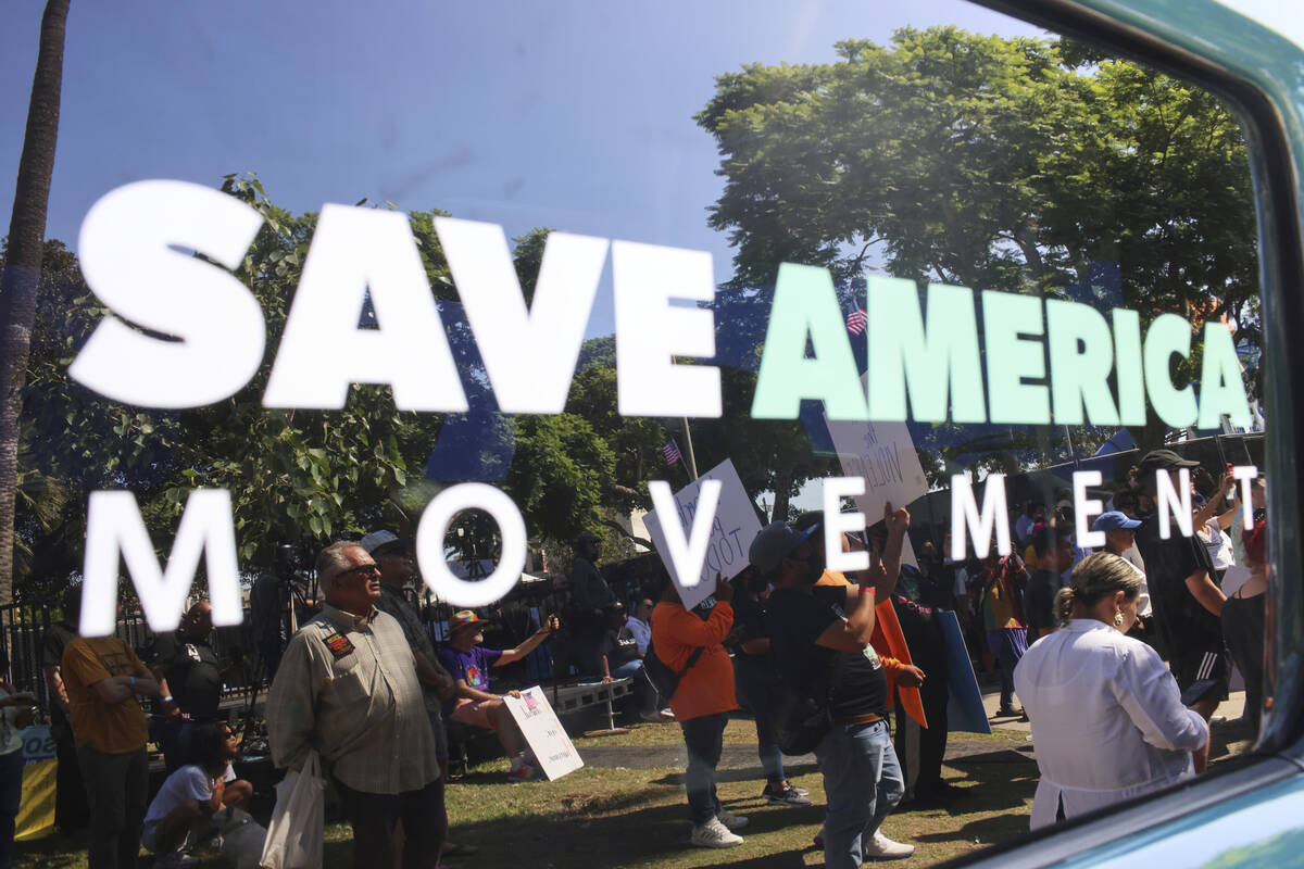 Supporters gather during an immigration rally on Saturday, Sept. 20, 2025, in Los Angeles. (AP ...