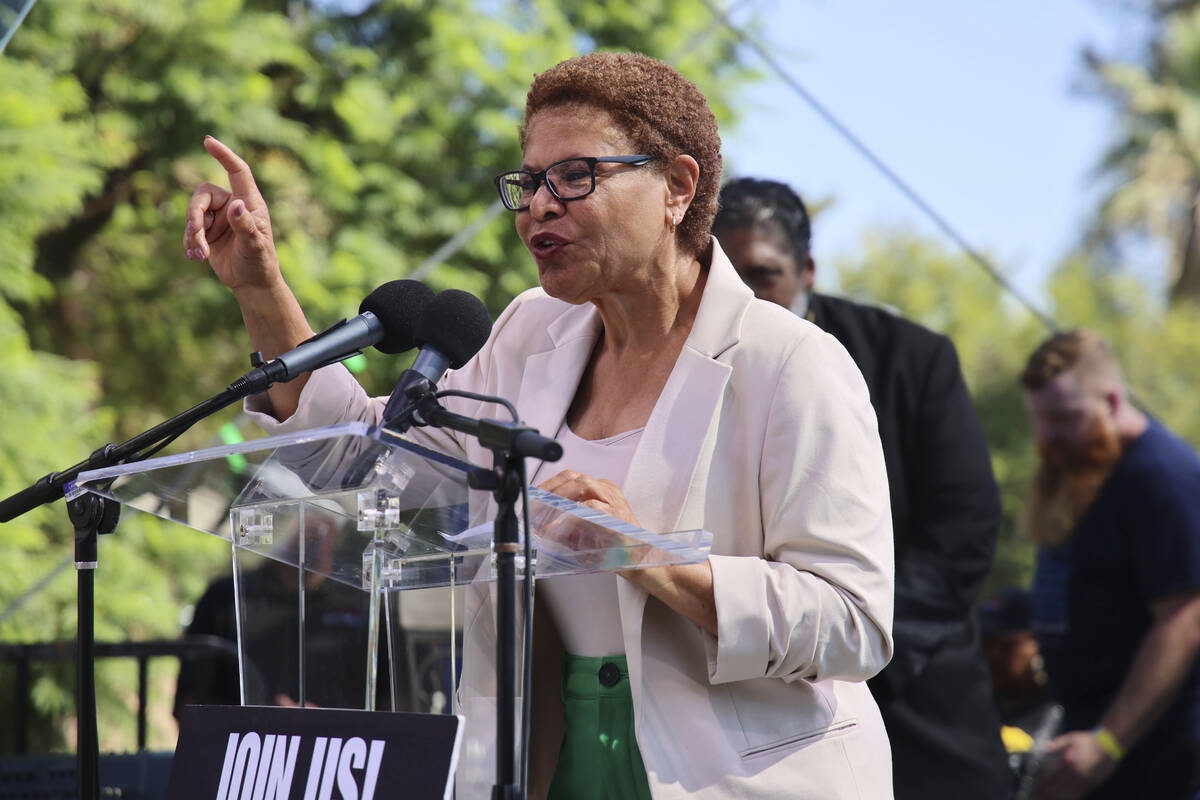 Mayor Karen Bass speaks during an immigration rally on Saturday, Sept. 20, 2025, in Los Angeles ...