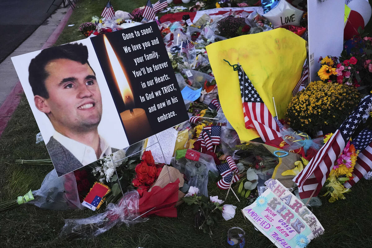 A memorial for Turning Point USA CEO and co-founder Charlie Kirk is seen at Utah Valley Univers ...