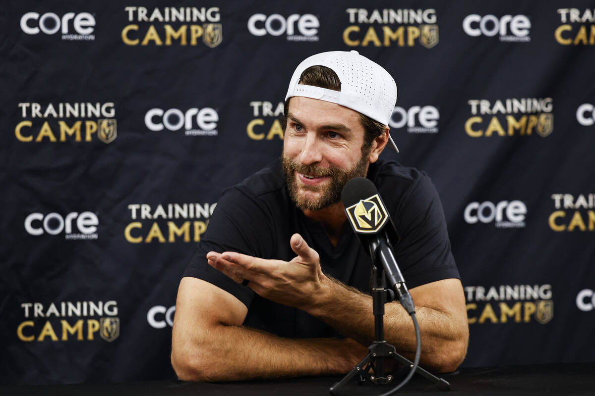 Golden Knights defenseman Alex Pietrangelo speaks to the media at City National Arena Monday, S ...