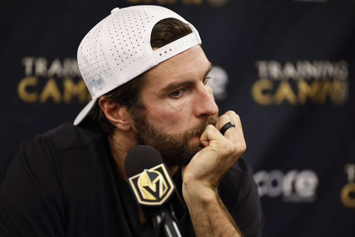 Golden Knights defenseman Alex Pietrangelo speaks to the media at City National Arena Monday, S ...