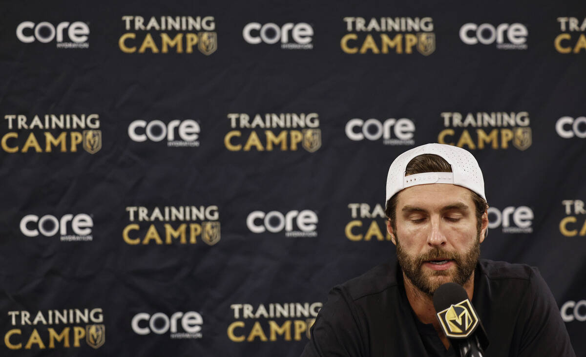 Golden Knights defenseman Alex Pietrangelo speaks to the media at City National Arena Monday, S ...