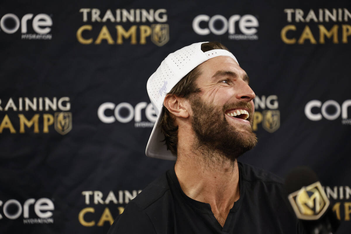 Golden Knights defenseman Alex Pietrangelo speaks to the media at City National Arena Monday, S ...