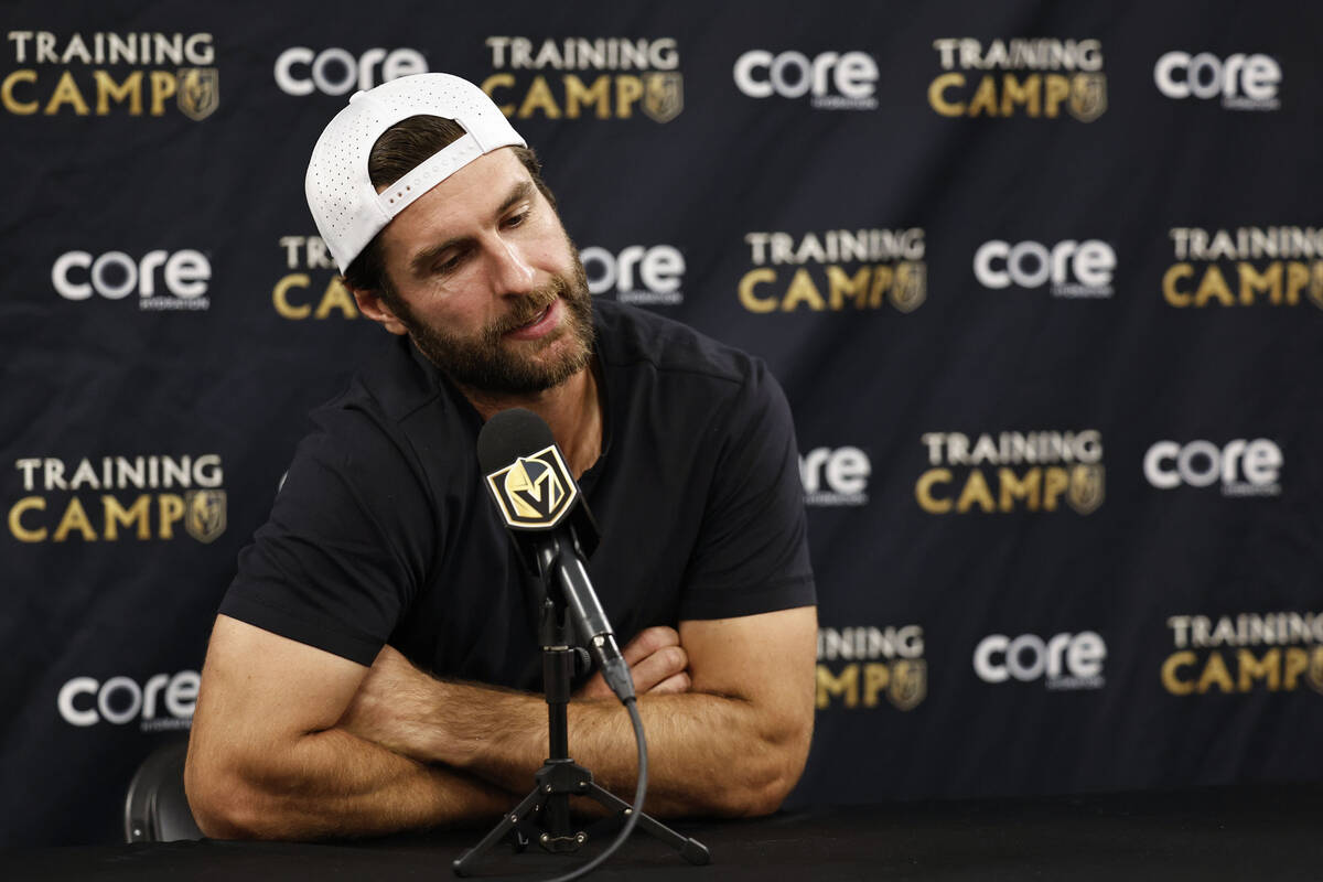 Golden Knights defenseman Alex Pietrangelo speaks to the media at City National Arena Monday, S ...