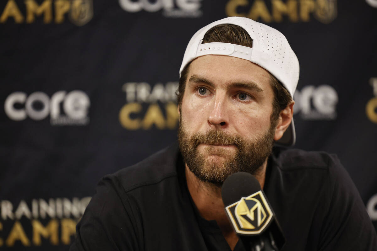 Golden Knights defenseman Alex Pietrangelo speaks to the media at City National Arena Monday, S ...