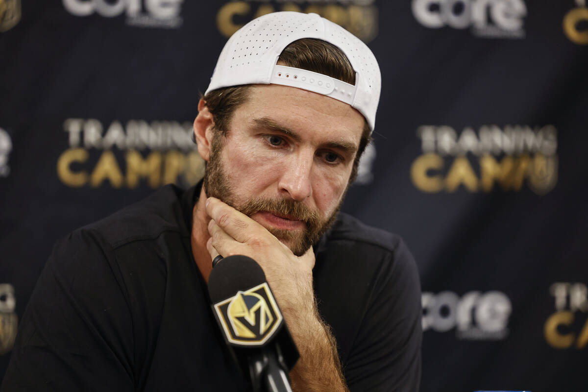 Golden Knights defenseman Alex Pietrangelo speaks to the media at City National Arena Monday, S ...