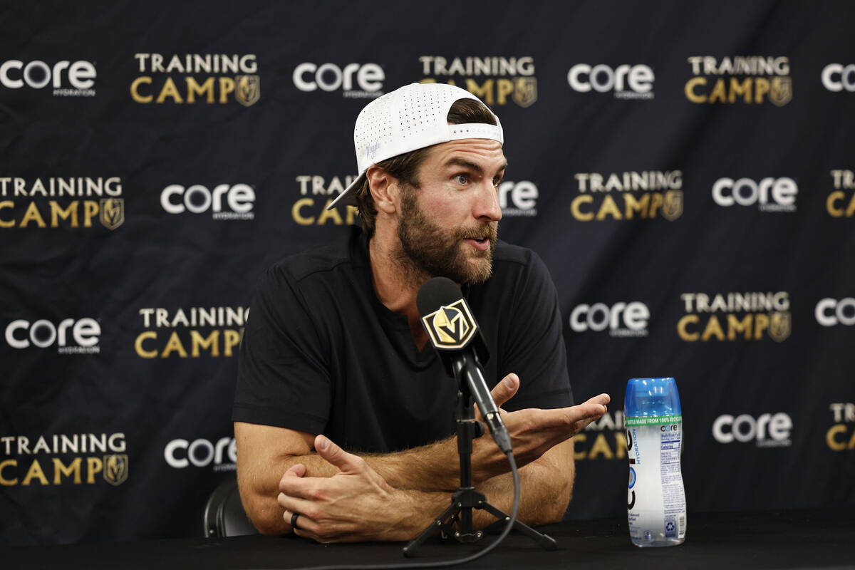 Golden Knights defenseman Alex Pietrangelo speaks to the media at City National Arena Monday, S ...