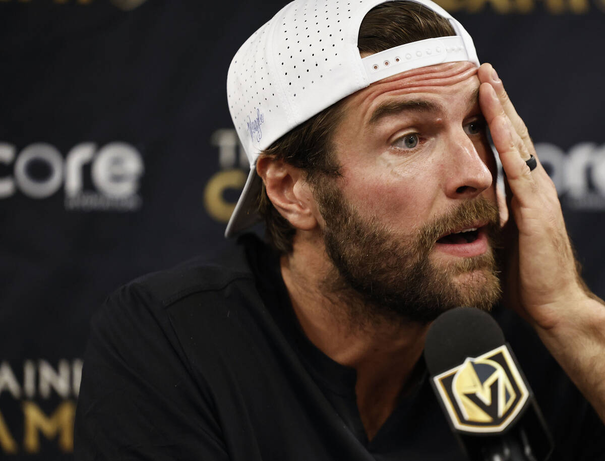 Golden Knights defenseman Alex Pietrangelo speaks to the media at City National Arena Monday, S ...