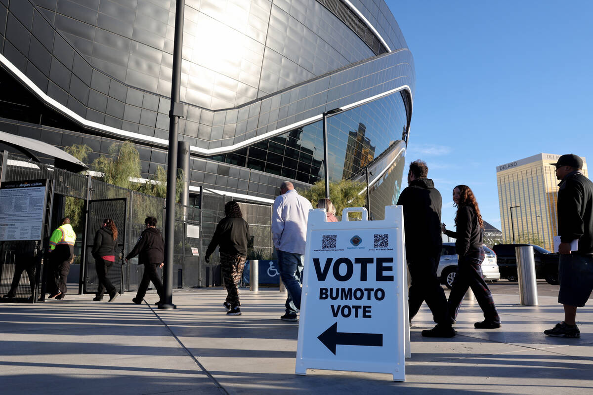 People file into Allegiant Stadium to vote in Las Vegas on Nov. 5, 2024. (K.M. Cannon/Las Vegas ...
