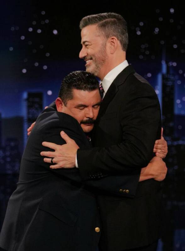 Jimmy Kimmel is embraced by Guillermo Rodriguez on "Jimmy Kimmel Live!" in Los Angeles on Tuesd ...