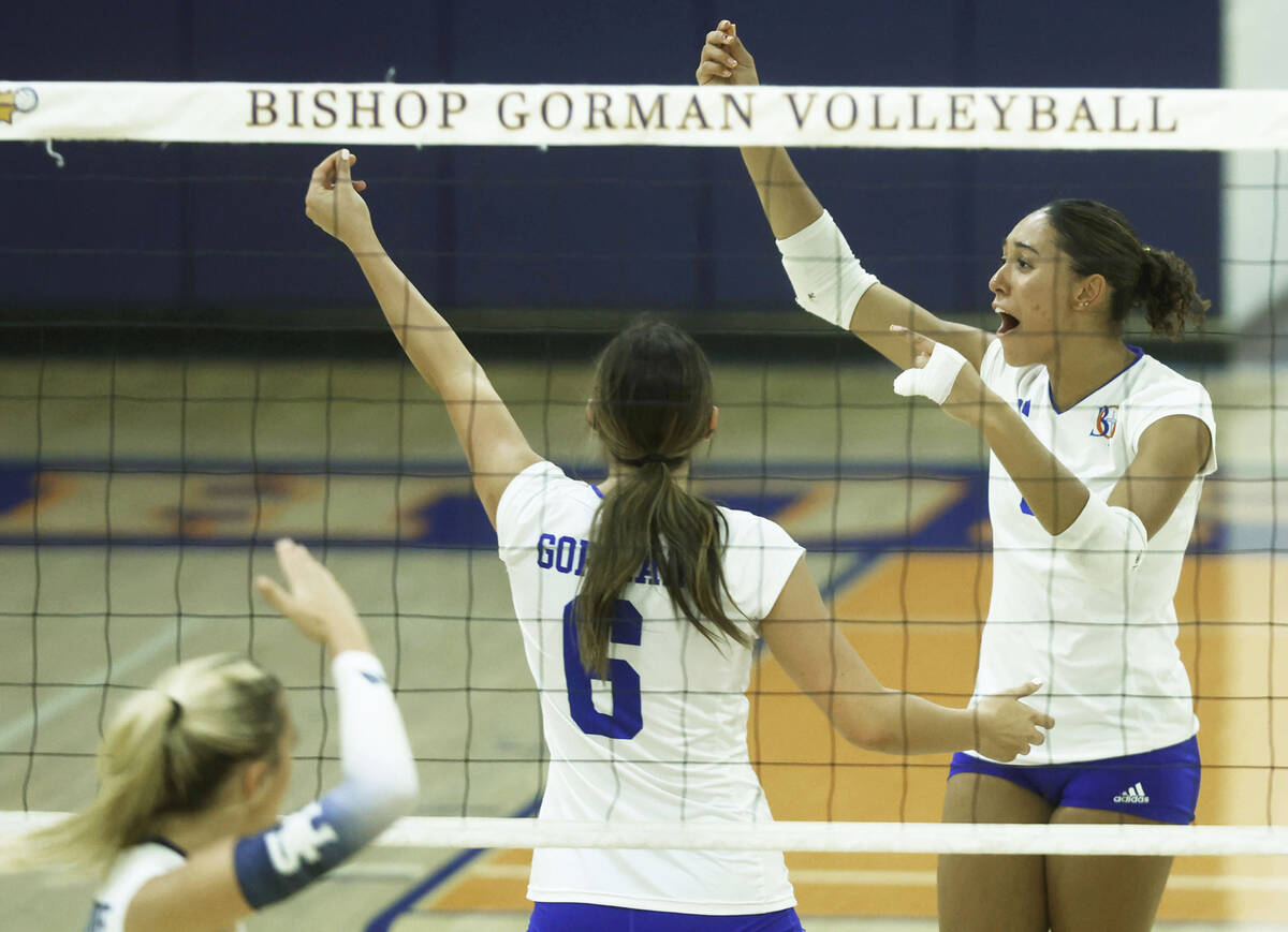 Bishop Gorman's Ayanna Watson (8) celebrates with teammates during their home matchup with ...
