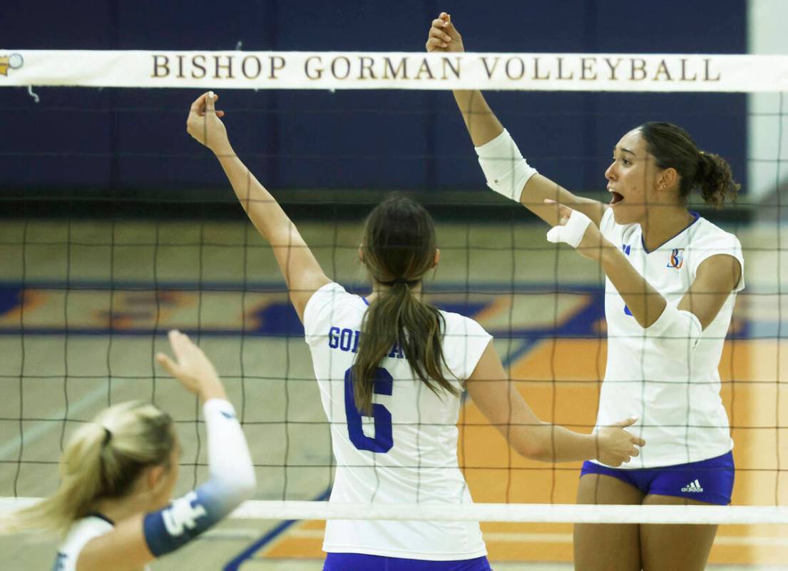 Bishop Gorman's Ayanna Watson (8) celebrates with teammates during their home matchup with ...