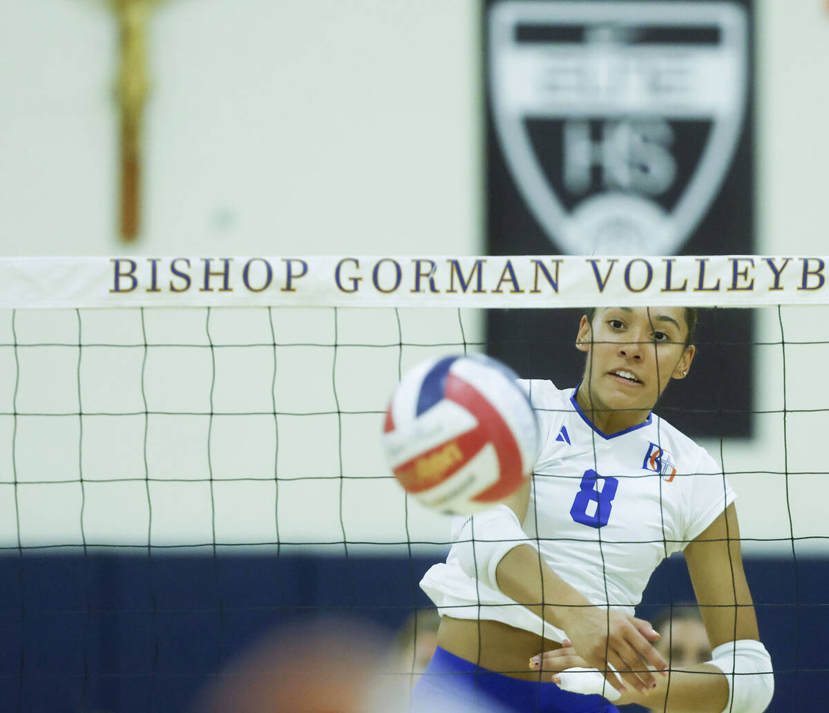 Bishop Gorman's Ayanna Watson (8) makes a kill during their home matchup with Shadow Ridge ...