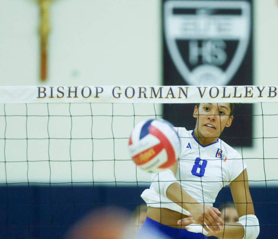 Bishop Gorman's Ayanna Watson (8) makes a kill during their home matchup with Shadow Ridge ...