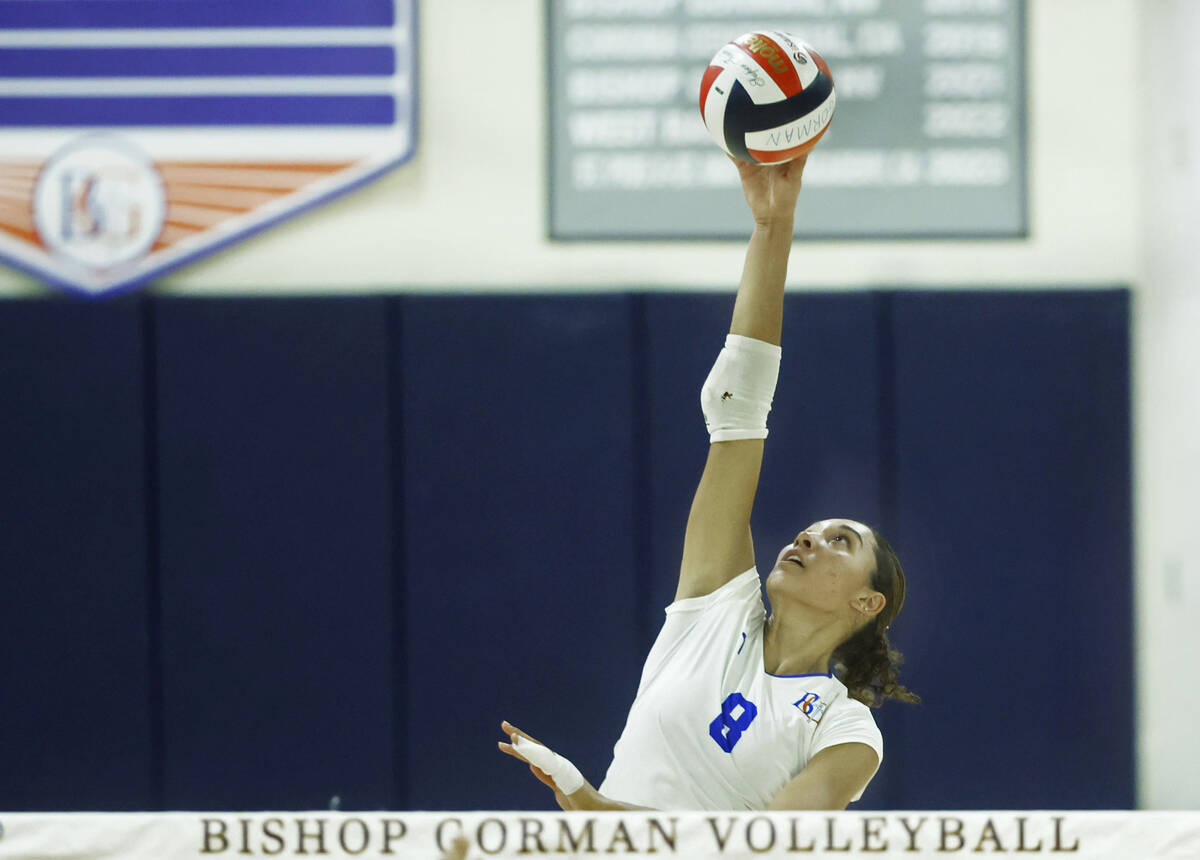 Bishop Gorman's Ayanna Watson (8) makes a kill during their home matchup with Shadow Ridge ...