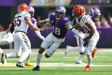 Minnesota Vikings wide receiver Justin Jefferson (18) runs a route against Cincinnati Bengals c ...