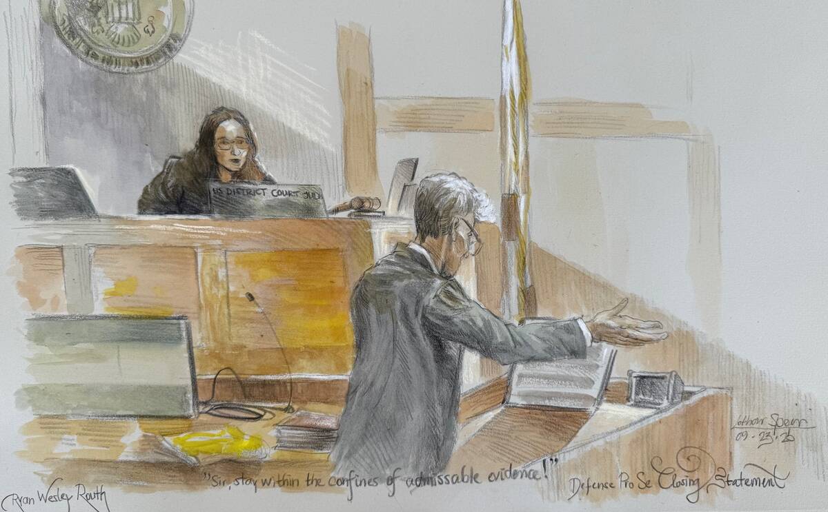 This courtroom sketch shows U.S. District Judge Aileen Cannon listening to Ryan Routh during hi ...