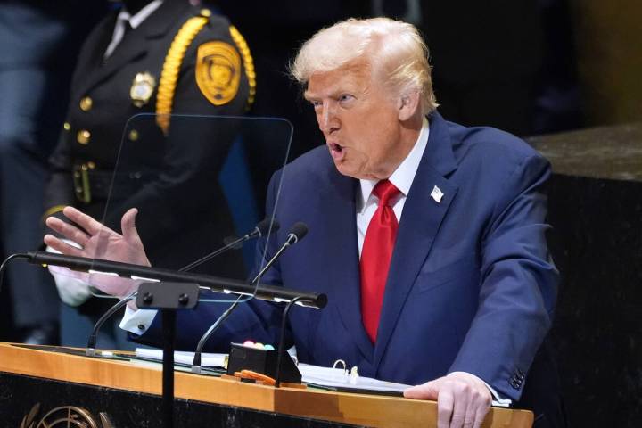 President Donald Trump speaks to the United Nations General Assembly, Tuesday, Sept. 23, 2025, ...