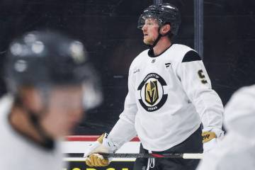 Golden Knights center Jack Eichel (9) participates in practice during the first day of training ...