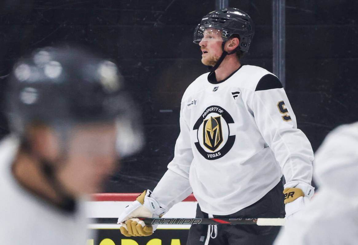 Golden Knights center Jack Eichel (9) participates in practice during the first day of training ...