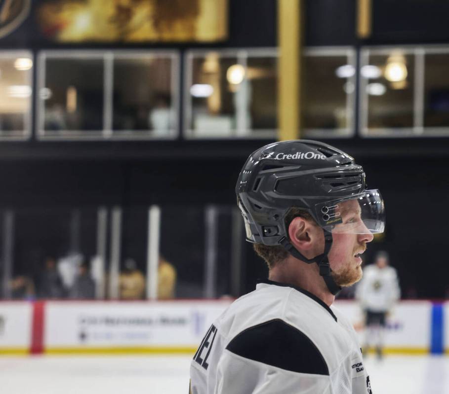 Golden Knights center Jack Eichel (9) participates in practice during the first day of training ...