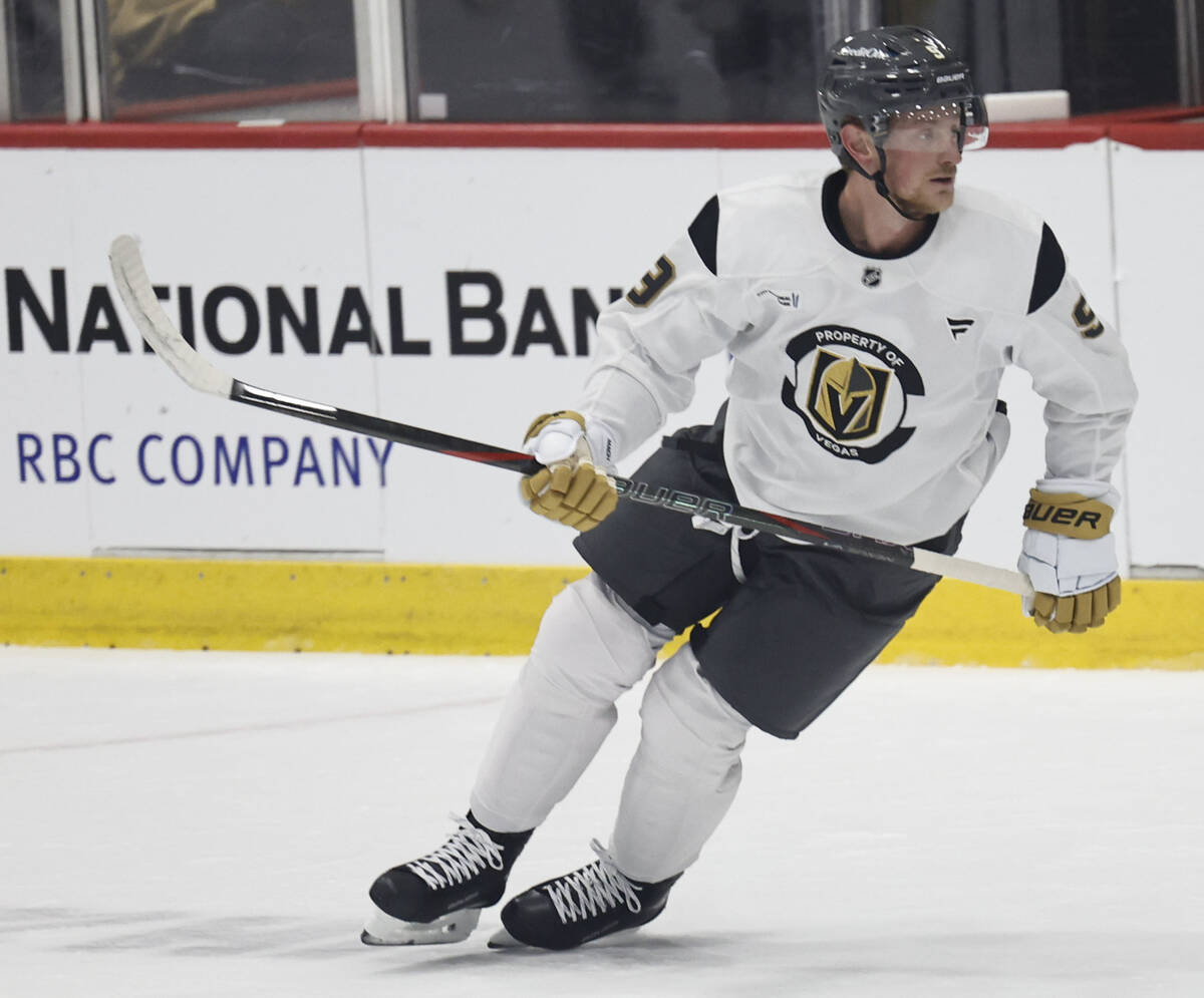 Golden Knights center Jack Eichel (9) skates up ice during the first day of training camp Thurs ...