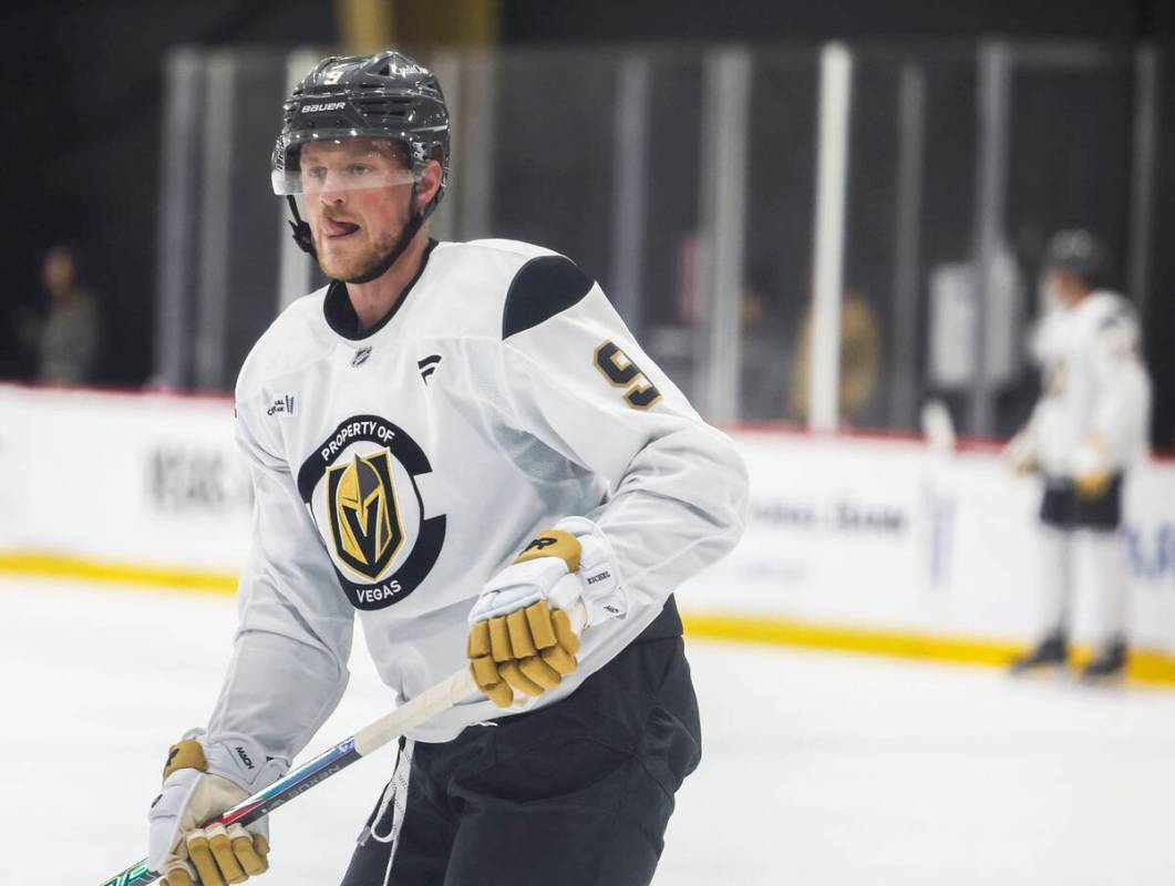 Golden Knights center Jack Eichel (9) participates in practice during the first day of training ...