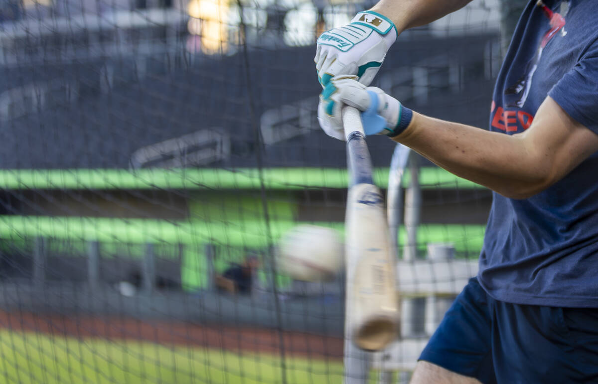 Tacoma Rainiers infielder Colt Emerson (6) connects on a ball in batting practice before Game 1 ...