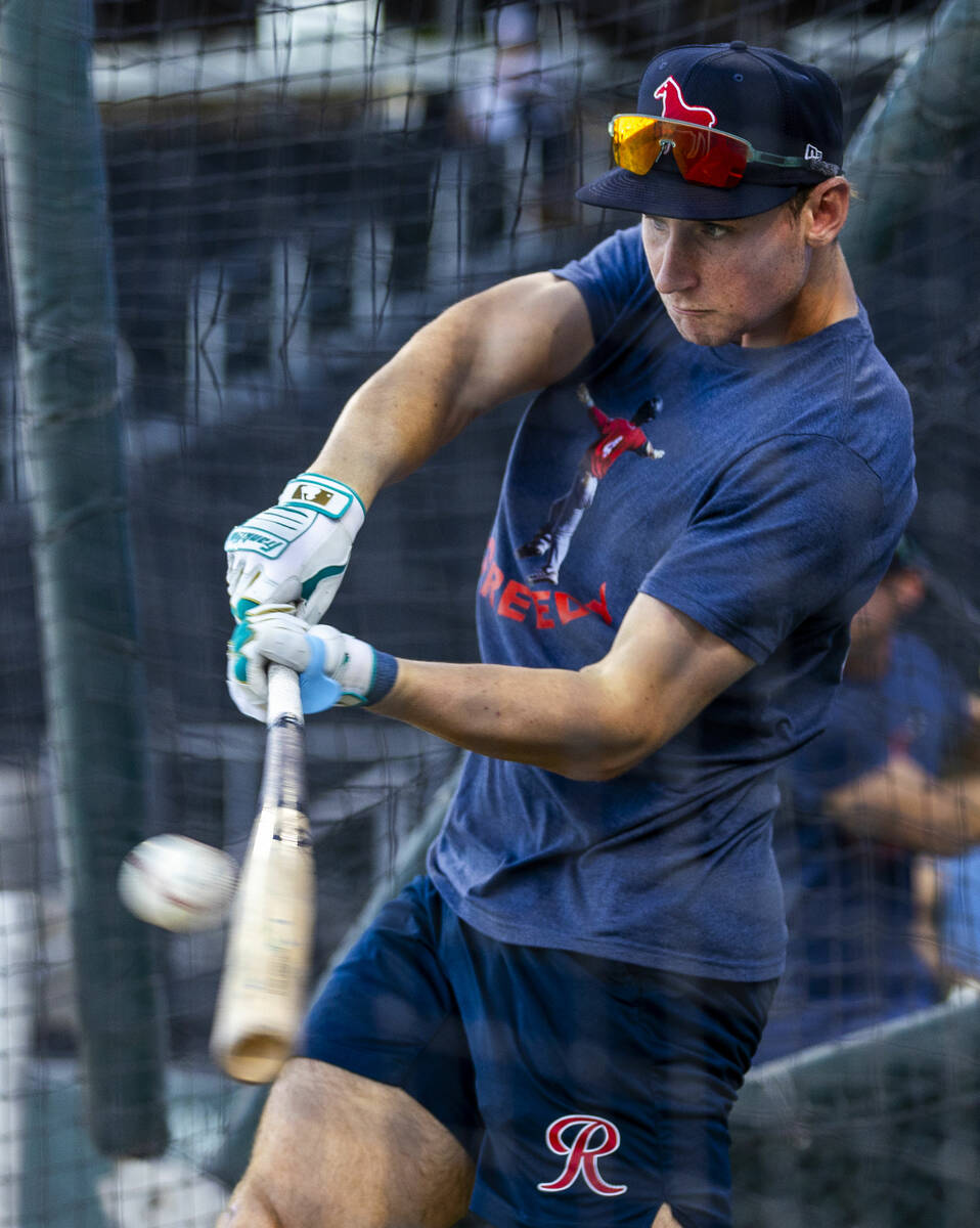 Tacoma Rainiers infielder Colt Emerson (6) connects on a ball in batting practice before Game 1 ...