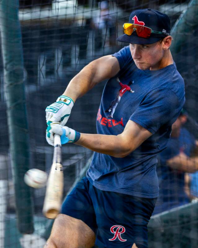 Tacoma Rainiers infielder Colt Emerson (6) connects on a ball in batting practice before Game 1 ...