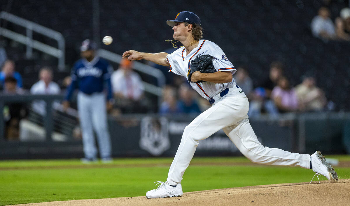 Aviators pitcher Kade Morris (50) releases another throw to a Tacoma Rainiers batter during Gam ...