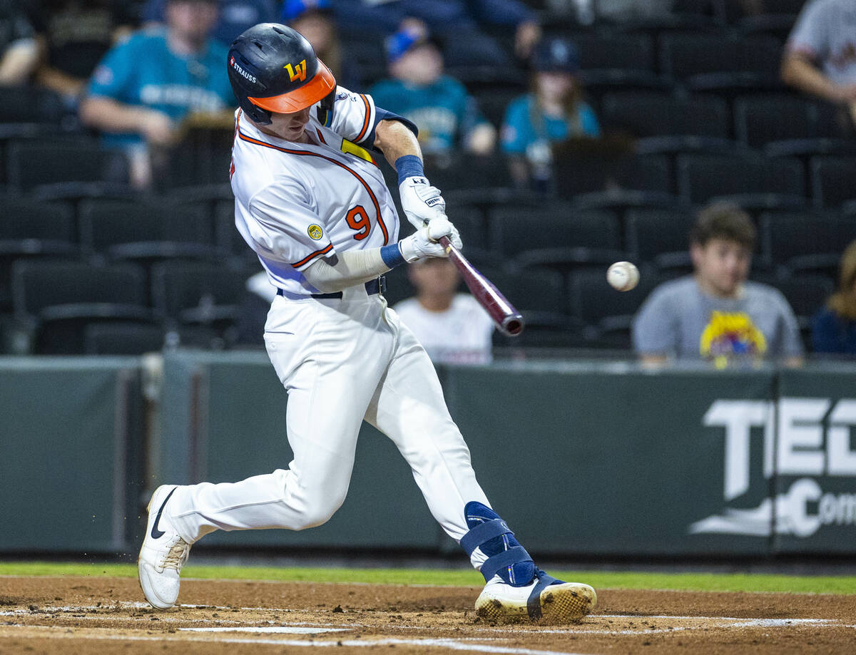 Aviators infielder Cooper Bowman (9) connects with a Tacoma Rainiers pitch during Game 1 of the ...
