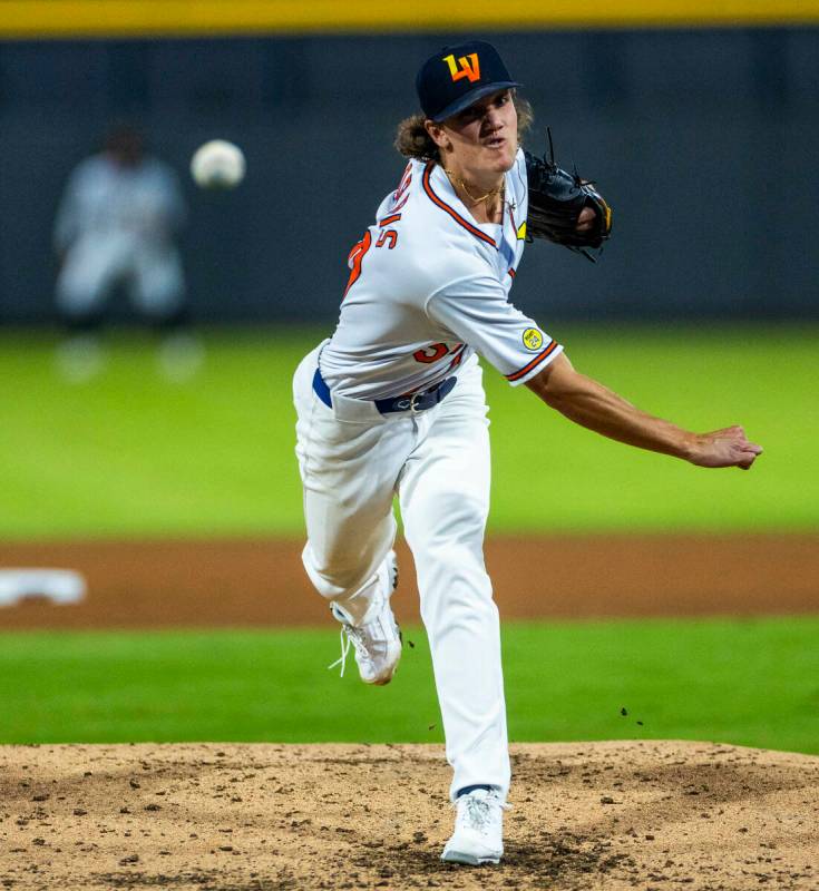Aviators pitcher Kade Morris (50) releases another throw to a Tacoma Rainiers batter during Gam ...